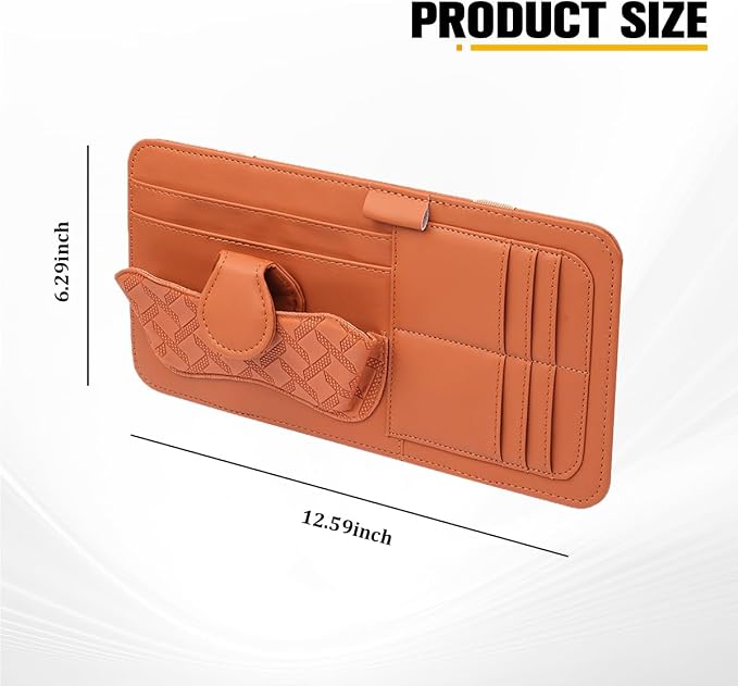 Car Sun Visor Organizer, Multifunctional Visor Storage Pouch with Sunglasses Holder & Card Sleeve Pocket, Auto Interior Organizer Pocket Bag for Pens Cards Documents, Universal Fit (Brown)