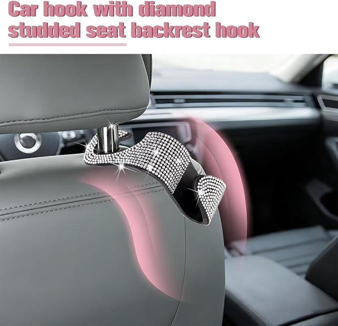 4PCS Bling Car Seat Headrest Hook, Crystal Rhinestone Backseat Hanger Organizer for Purse Handbag Umbrella, Shiny Auto Interior Seat Back Storage Holder Hook, Universal Fit (White)