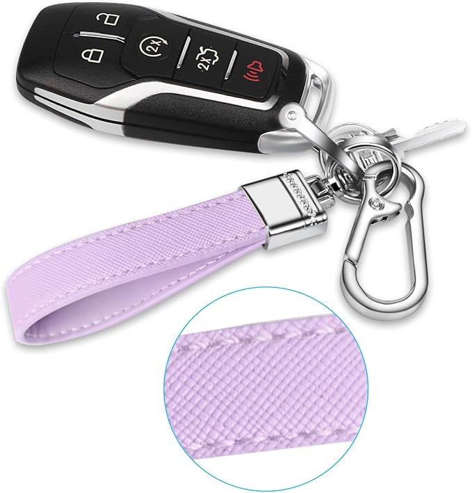 Genuine Leather Car Keychain,Universal Heavy Duty Metal Key Chain Accessories,Car Fob Key Keychain Holder with 360 Degree Rotatable Snap Swivel and Anti-Lost D-Ring for Men Women(Lavender Purple)