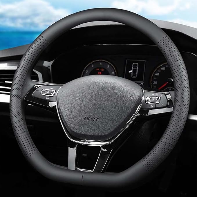 D-Shaped Car Steering Wheel Cover for Volkswagen VW Atlas Tiguan ID.4 Taos Passat Golf Jetta Beetle Polo GTI CC Touareg SE SEL R-line S Cross Sport Accessories, 2026 Leather Black