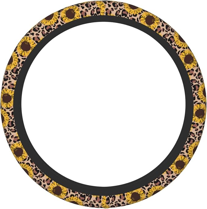 Elastic Car Steering Wheel Cover,Yellow Sunflowers Leopard Print Protector Upgrade Thicken,Anti Slip Soft Car Interior Decor for Diverse Cars Truck SUV for Men Women Universal 15 Inch