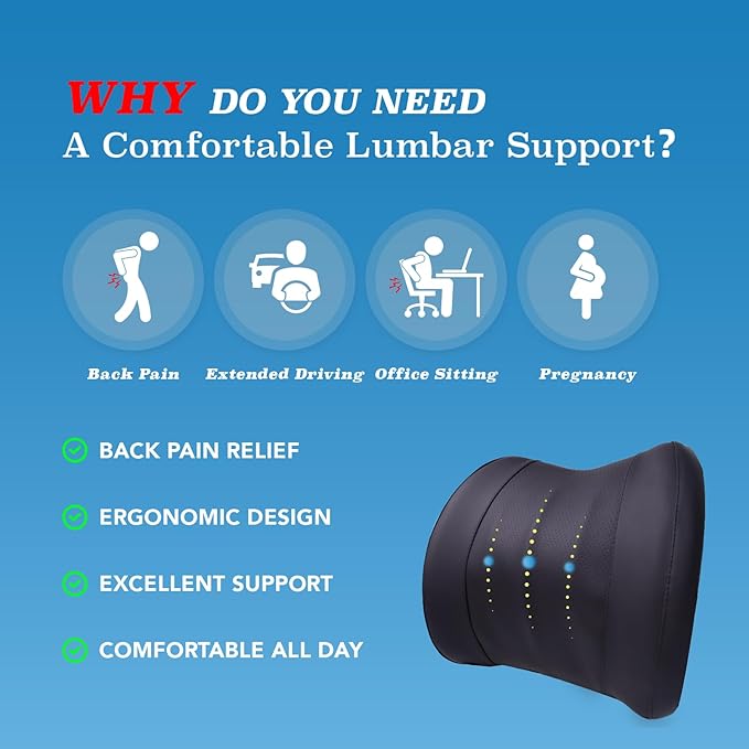 Lumbar Support Pillow for Car, Car Seat Back Support for Driving | Memory Foam Car Lumbar Support for Driving Seat, Car Back Cushion, Adjustable Straps, Lower Back Pillow, PU Leather, Black