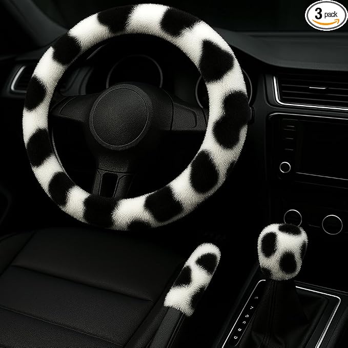 Fluffy Steering Wheel Cover 3PCS Set – Plush Fuzzy Fur Steering Wheel Cover with Gear Shift Cover & Handbrake Cover, Winter Warm Car Accessories, Car Interior Accessories for Women (Cows)