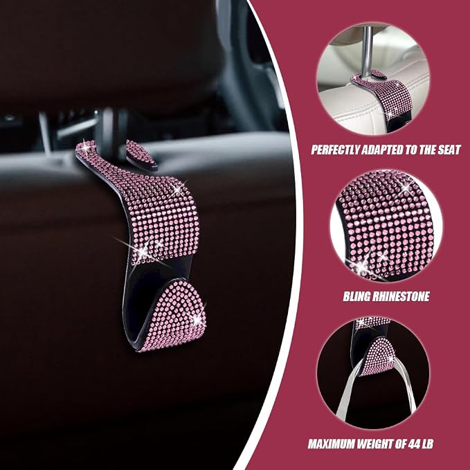2 Pack Car Hooks, Bling Rhinestones Crystal Hooks, Auto Seat Back Organizers, Car Decorations Backseat Hanger, Car Seat Hooks Perfect for Holding Handbags, Clothes, Purses and Water Bottles
