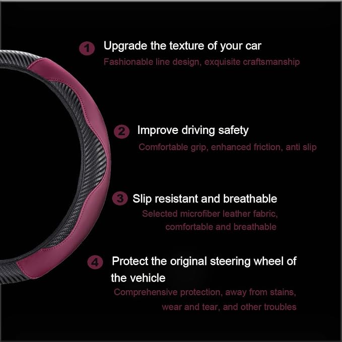 Ultra Fine Carbon Fiber Leather Steering Wheel Cover, Anti Slip and Sun Protective Protect The Steering Wheel, Easy to Install,Universal of 14.5"-15" (Wine red)