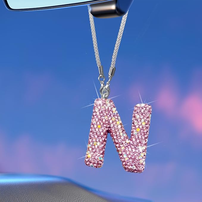 Bling Pink Car Accessories for Women Letter Charm, Rainbow Color Rear View Mirror Cute Crystal Pendant Car Decorations, Lucky Gifts Diamond Rhinestone Charm Letter N