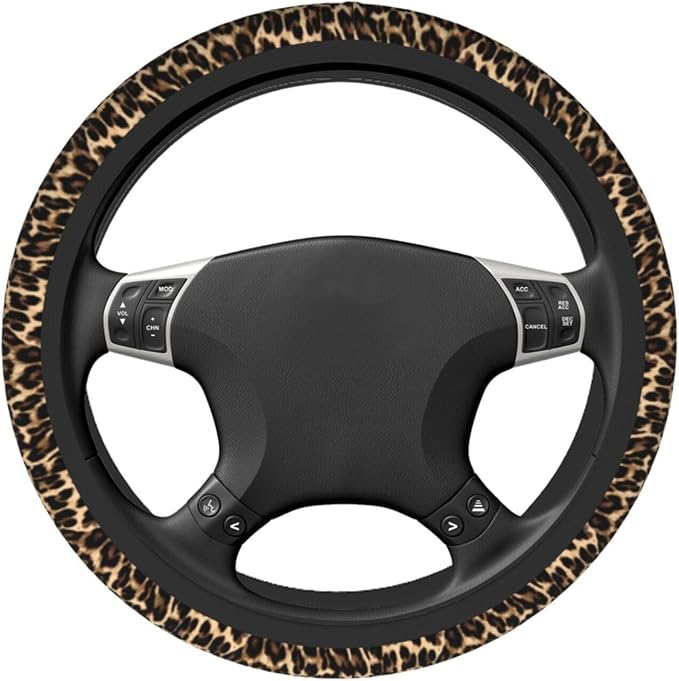 Cheetah Brown Leopard Pattern Black Hunting Steering Wheel Cover Car Accessories Cute for Women Girls Girly Universal 15 Inch Neoprene Auto Interior Decor Anti Slip Car Truck Protector