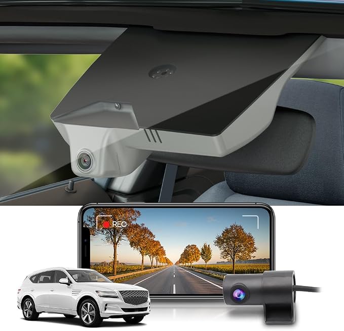 Front 4K+Rear 1080P Dash Cam Adapts for Genesis GV80 2021-2025 (HD2-T6010, Tan Cover), OEM Style, 2 Way HD Video, Built-in WiFi & APP, Loop Recording, G-Sensor, Easy to Operate, 128GB Card