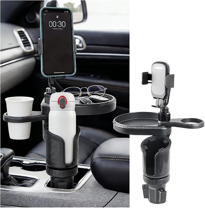 Car Cup Holder Tray, 3 in 1 Multifunctional Vehicle Food Water Bottle Phone Holder Expander Adapter with Adjustable Base, Detachable Auto Interior Food Tray Table, Universal Fit (Gray)