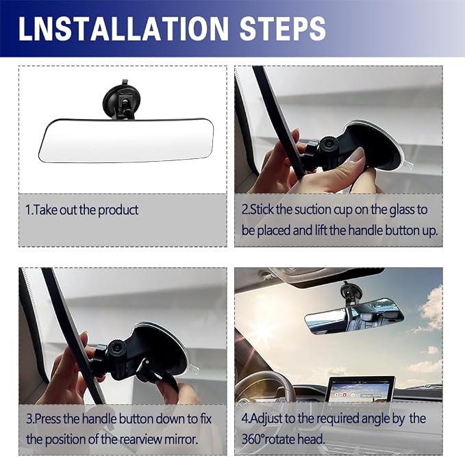 Auto Inside Rearview Mirror with Suction Cup, 12 inch HD Wide Angle Extended Curved Mirror, 360 Degrees Adjustable Wide Viewing Car Accessories Universal for Cars Trucks Boat