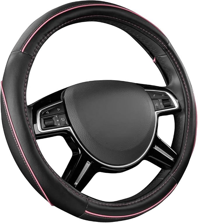 Colour Piping Leather Universal Fit Steering Wheel Cover, Perfectly fit for 14.5-15 inches Suvs, Vans, Trucks, Sedans, Cars (Black&Pink)