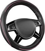Colour Piping Leather Universal Fit Steering Wheel Cover, Perfectly fit for 14.5-15 inches Suvs, Vans, Trucks, Sedans, Cars (Black&Pink)