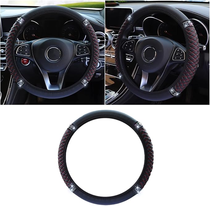 15 Inch Bling Soft Leather Car Steering Wheel Cover, Black Red | Colorful Rhinestones Design, Auto Elastic Protector for Women Girls, Crystal Diamond Car Accessories for Most Cars, SUVs