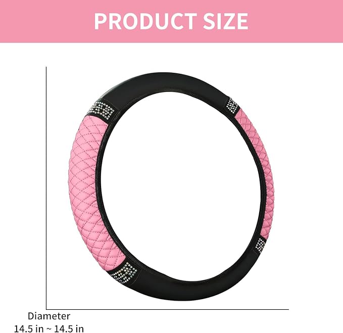 Bling Car Steering Wheel Cover, 15 Inch Rhinestones Soft Leather Elastic Steering Wheel Protector, Sparkly Crystal Diamond for Women, Car Interior Accessories for Most Cars (Pink)