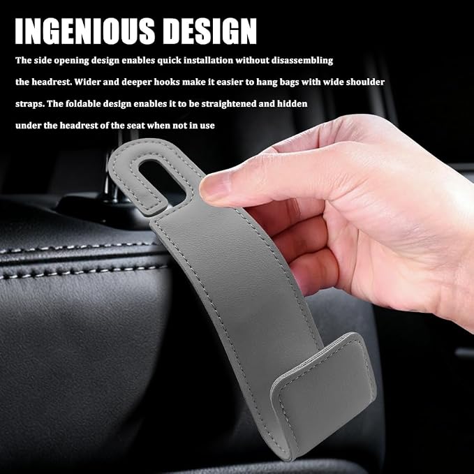 Car Seat Headrest Hooks, Purse Hook for Car, Automotive Headrest Handbags Holder, Auto Accessories Leather Seatback Organizer Hanger for Hanging Purses Bags Coats (Gray, 1PCS)