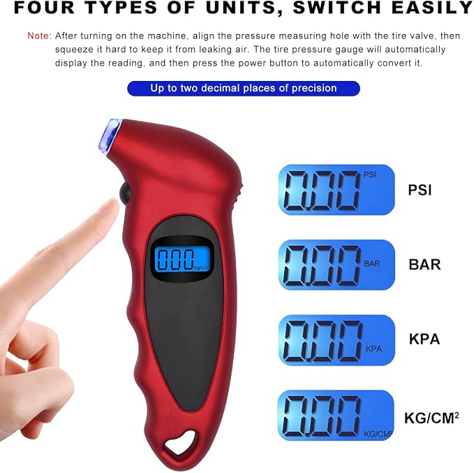 Digital Tire Pressure Gauge, 150PSI 4 Settings High Accuracy Tire Gauge with Backlit LCD and Non-Slip Grip, Easy to Read Air Pressure Gauge for Cars, Trucks and Bicycles (Red)