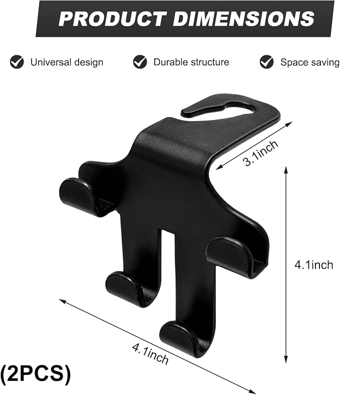 2PCS Car Seat Headrest Hooks, 4-in-1 Sturdy Car Seat Back Hanger Multifunctional Hanging Holder, Heavy Duty Auto Storage Hook Organizer for Handbags Purses Coats Grocery Bags