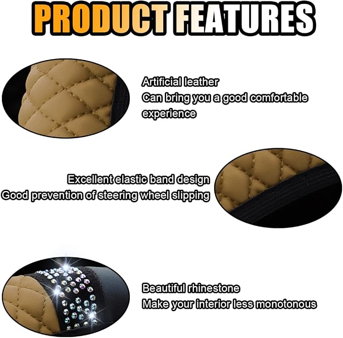 15 Inch Bling Soft Leather Car Steering Wheel Cover, Beige | Colorful Rhinestones Design, Auto Elastic Protector for Women Girls, Crystal Diamond Car Accessories for Most Cars, SUVs