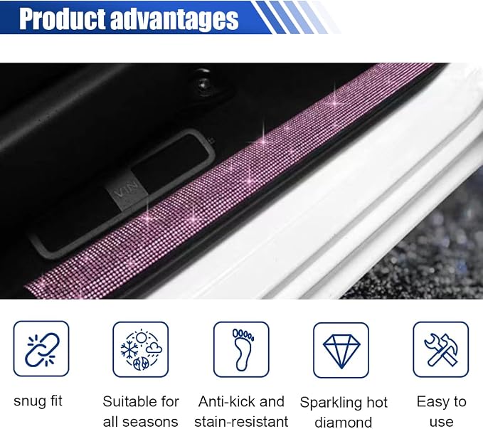 2PCS Car Door Edge Entry Guard, Bling Rhinestone Car Anti-Collision Adhesive Sticker Strip, Door Sill Strip for Rear Bumper Car SUV, Threshold Protective Stickers for Women (Pink)