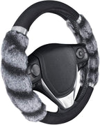 Bear Fur Plush Steering Wheel Cover - Cute Faux Wool Protector for Women Girls Fits Wheels 14.5-15 inch Two Tone Black/Gray - with Glitter