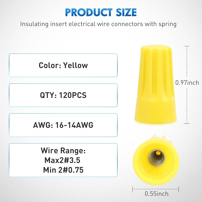 120PCS Yellow Wire Connectors Kit 16-14 AWG Electric Wire Caps Insulating Insert Twist Electrical Wire Terminal with Spring for Connect Electrical Wiring Automotive Car Truck Boats Marine