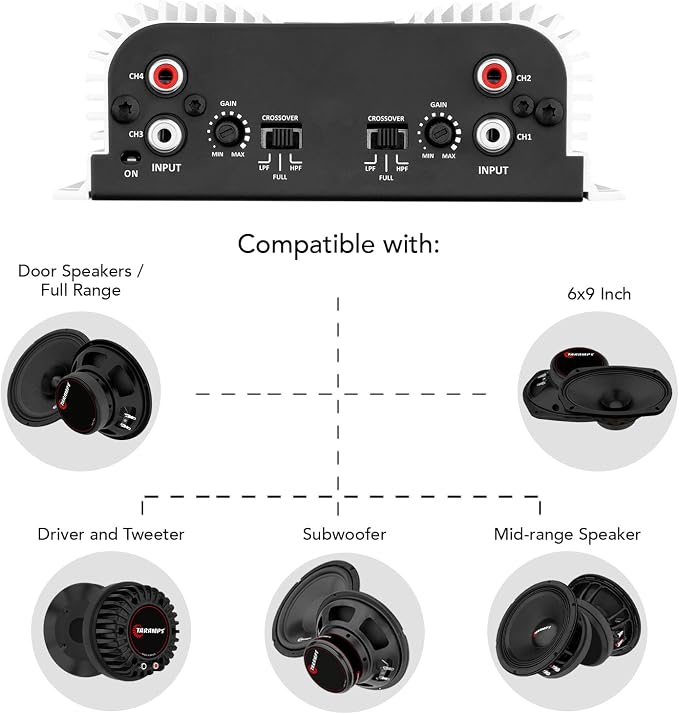 TS 400x4 400 watts RMS 4 Channels Full Range Car Audio Amplifier, 2 Bridged Channels, RCA Input Class D, Output Power, Multichannel Amplifier System, Small - TS400X4
