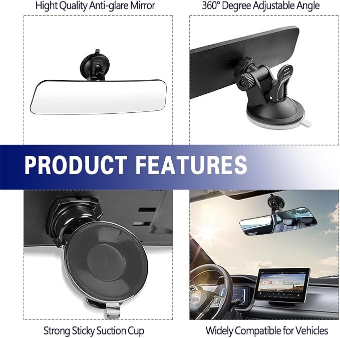 Auto Inside Rearview Mirror with Suction Cup, 12 inch HD Wide Angle Extended Curved Mirror, 360 Degrees Adjustable Wide Viewing Car Accessories Universal for Cars Trucks Boat