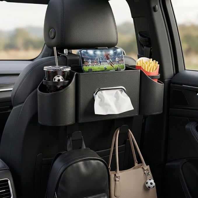 Car Seat Back Organizer with Headrest Hooks, Premium Nappa Leather Backseat Storage Pockets for Match Day Tailgating, Space Saving Auto Interior Travel Accessories Holder Fits Most Vehicles (Black)