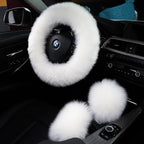 3Pcs Set Fashion Fluffy Fuzzy Wool Fur Soft Car Steering Wheel Cover with Handbrake Cover & Gear Shift Cover for Women/Girls/Ladies Auto Long Wool Accessories, White