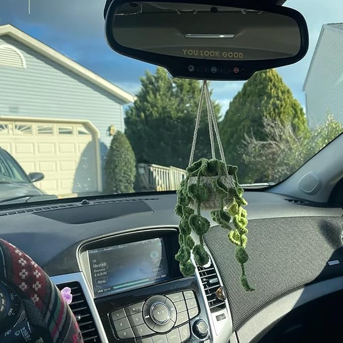 Cute Crochet Plant for Rear View Mirror, Boho Handmade Car Mirror Hanging Accessory for Women & Girls, Green Interior Aesthetic Decor Truck Hanger Ornament Charm