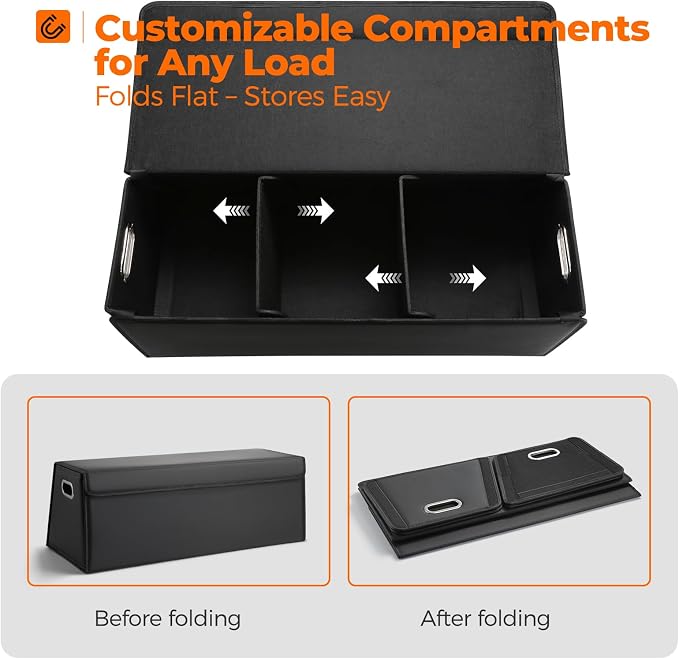 Car Trunk Organizer for SUV and Sedan, Trapezoidal-Black, 29.5 in | Tailored for Rear Seats, Extra Large, Leather Storage Box, Magnetic Lid, Collapsible & Adjustable, Water‑Resist & Dust‑Proof