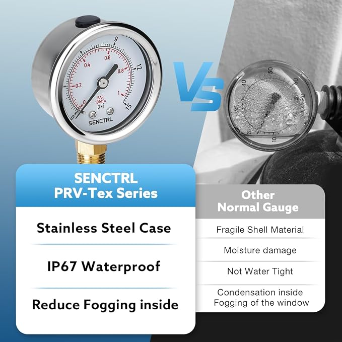 0-15 Psi Low Pressure Gauge, 2" Dial Size, 1/4 Npt Lower Mount, Waterproof, Stainless Steel Case, for Water Air ATV Tire Gas Pressure Test