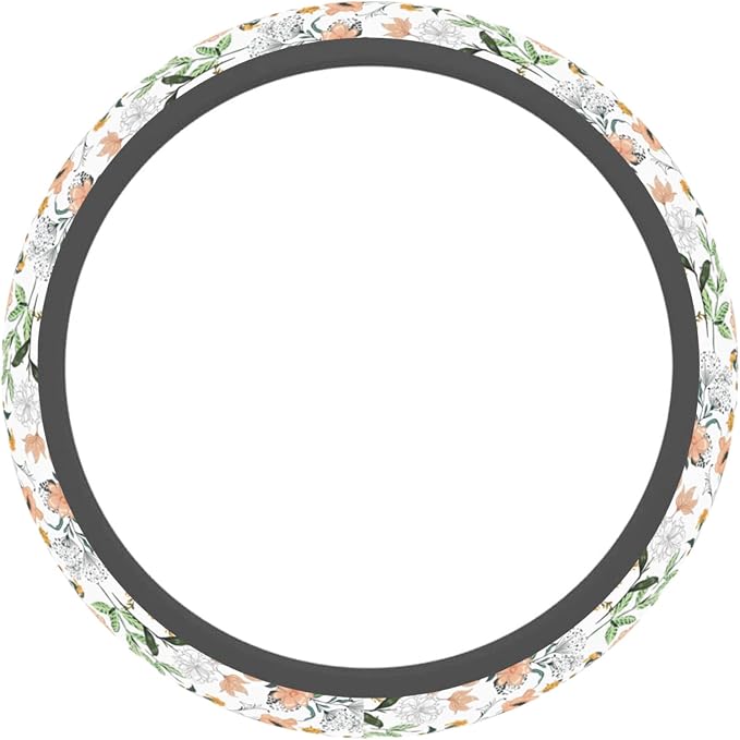 Car Steering Wheel Cover for Women Men, Non-Slip Botanical Floral Pattern with Ladybugs Steering Wheel Protector, Universal 14"-15" Fit for Cars, SUVs, Trucks