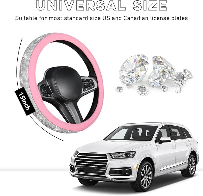 Steering Wheel Cover, Bling Crystal Rhinestones Auto Wheel Protector, Sparkly Cover Universal Fit Diverse 14.5-15 inch Steering Wheel, Interior Decor Car Accessories (White+Pink)