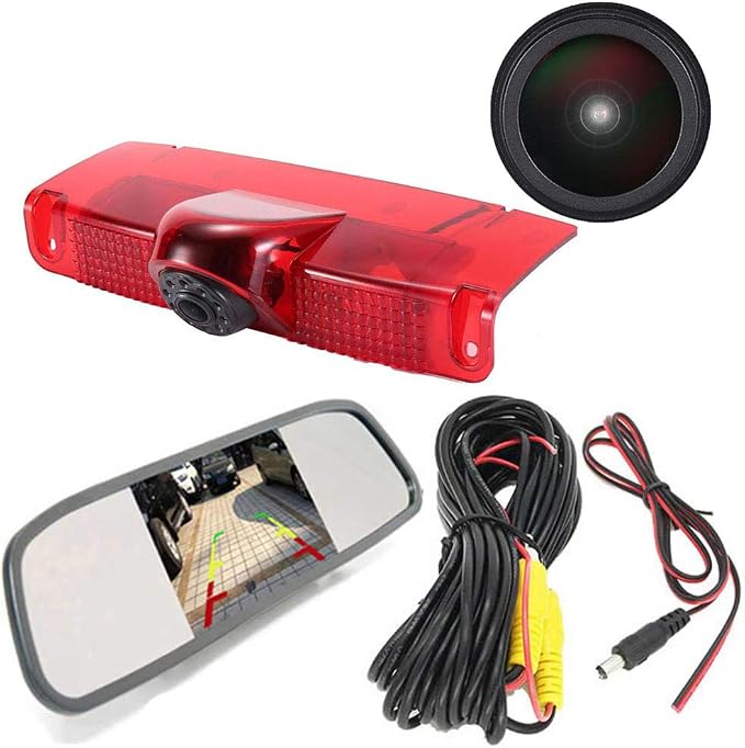 HD IP68 Third Roof Mount Brake Lamp Rear View Reverse Backup Camera Angle and Distance Adjustable Compatible with Chevrolet Express GMC Chevy Savana Exporer Cargo Van (Camera+4.3'' Rearview Mirror)