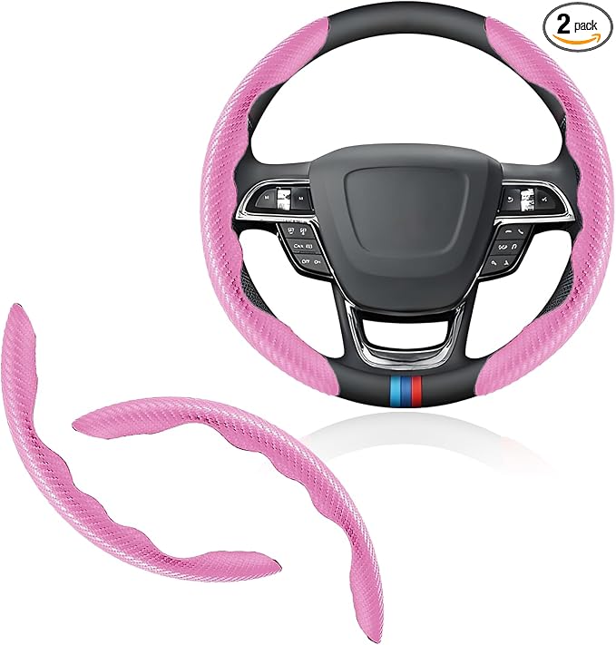 Universal Fit Carbon Fiber Steering Wheel Cover, Segmented Steering Wheel Protector, Carbon Fiber Anti-Skid Steering Wheel Cover Car Interior Accessories (2 Pcs Pink)