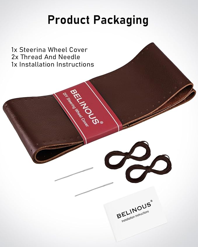 Leather Steering Wheel Cover Lace Up, Stitch on Steering Wheel Wrap, Universal Fit 13-20 Inch Car Truck Pickup Boat, A Whole Piece of Cowhide, DIY w/Needle Thread (Size L3, Coffee)
