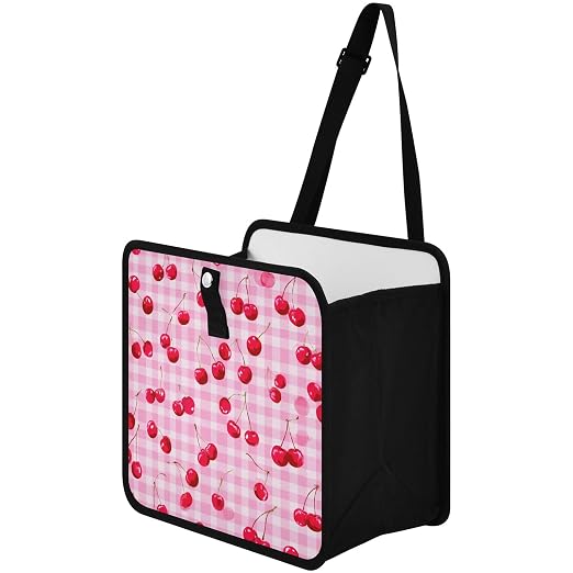 Car Trash Can Organizer Bin with Adjustable Strap for Back Front Seat Console Waterproof Leakproof Collapsible Portable 11 Inch Pink Juicy Checkered Cherry