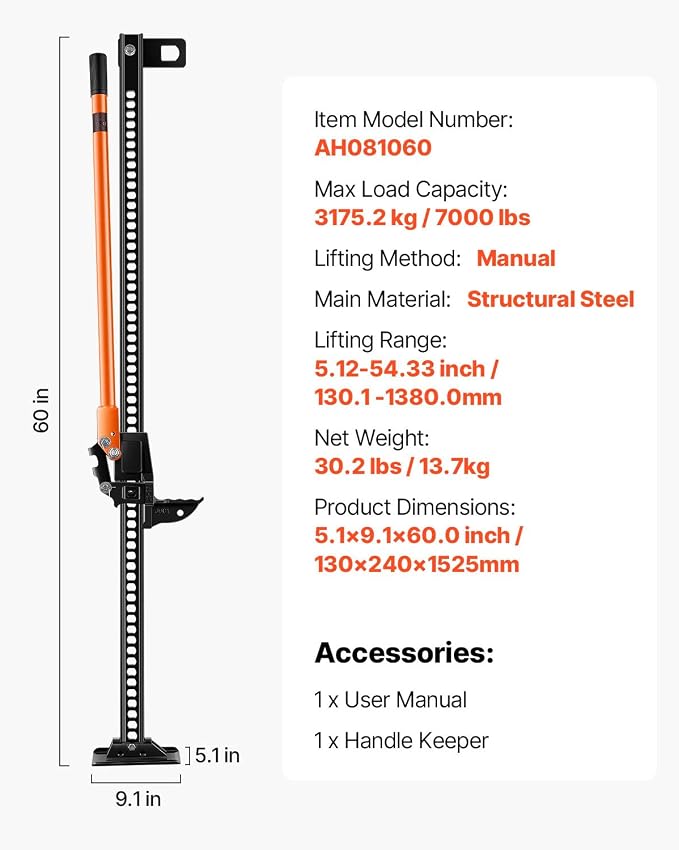 Farm Jack 60inch, 7000 lbs Capacity Ratcheting Off Road Jeep Jack for Tractor, Truck, SUV, Bumper Lift, Orange
