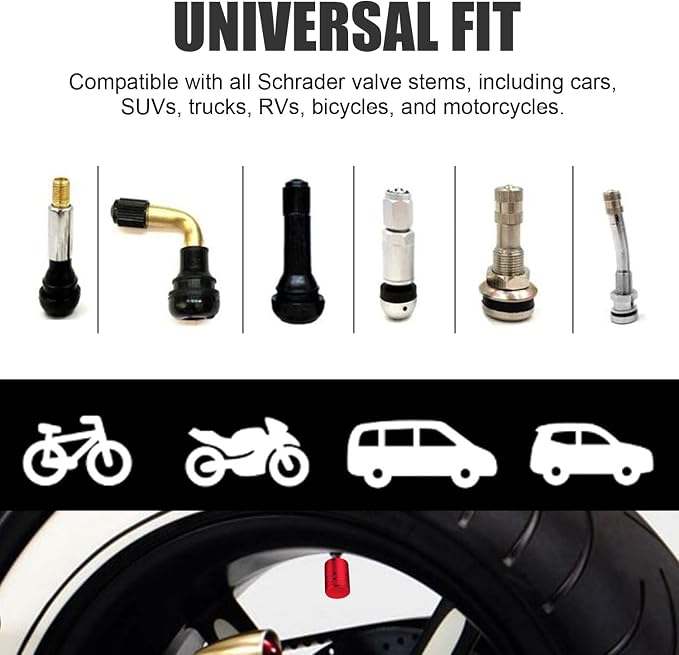 Tire Valve Stem Caps - (4 Pack) Premium Metal Air Caps with Plastic Liner, Durable, Corrosion Resistant and Leak-Proof, Universal Fit for Cars, Trucks, Motorcycles, and Bikes - Red