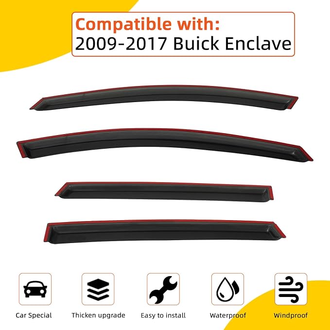 Rain Guards Compatible with 2009-2017 Buick Enclave Set of 4 Tape-On Side Window Visor Wind Deflector Vent Visors Car Accessories