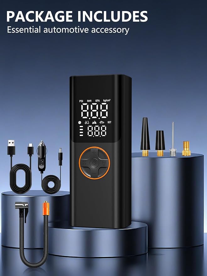 Tire Inflator Portable Air Compressor, 150PSI Cordless Tire Pump with USB Output, 12V DC Car Plug & Dual Power 6000mAh, Fast Inflation Air Pump for Cars, Bikes, Motorcycles and Balls