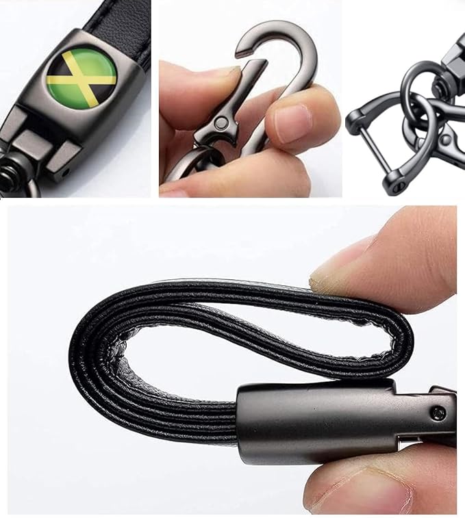 Jamaica Flag Tire Valve Stem Caps and Genuine Leather Car Keychain Keyring Compatible with Jamaican Flag Accessories (Jamaica)