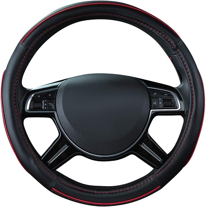Colour Piping Leather Steering Wheel Cover,Perfectly fit for 14.5-15 inches for Various Vehicles SUVs,Vans,Sedans,Cars (Black & Red)
