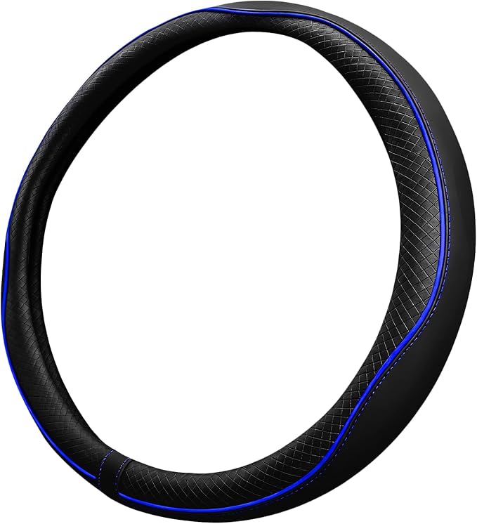 Car Steering Wheel Cover, Durable Leather Cover with Anti-Slip Lining, Breathable Auto Wheel Cover Protector, Universal 15 Inch Anti-Slip Steering Wheels for Men & Women (Black Blue)