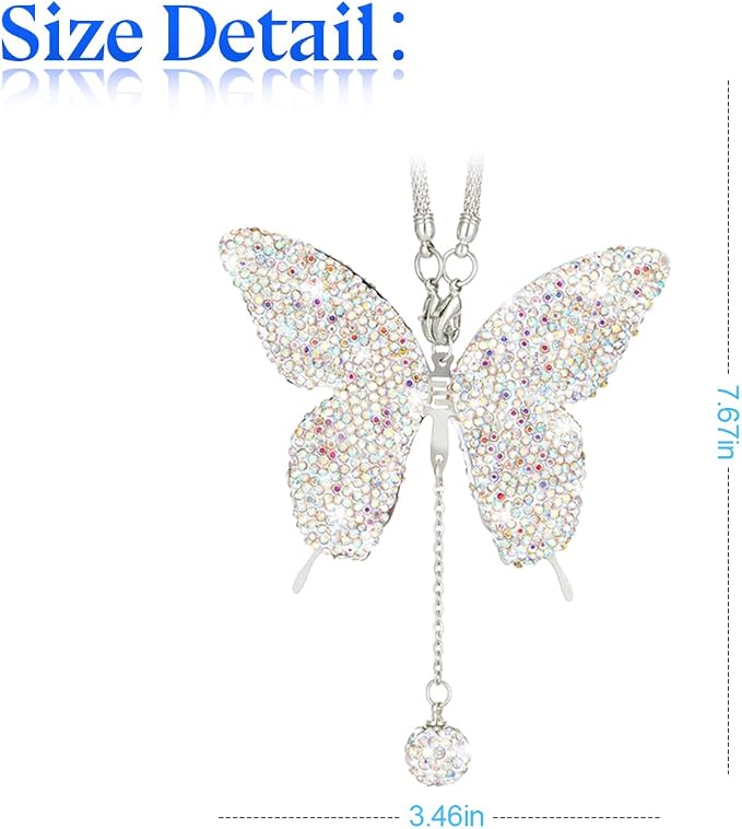 Bling Butterfly Diamond Car Accessories, Crystal Car Rear View Mirror Charms for Women, Car Decoration Lucky Gifts Hanging Interior Crystal Ornament Pendant Decor for Cars (AB Color)