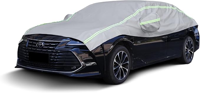 Half Car Cover Snow, Windshield & Sunroof Cover for Ice and Snow with Green Reflective Strip, Hail Protector Car Cover Waterproof All Weather for Snow, Sun, Rain, Dust, Fit Sedan Universal