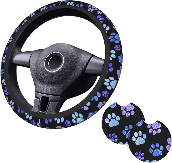 Paw Prints Steering Wheel Cover - Purple Dog Paw Steering Wheel Cover Anti-Slip Breathable 15 Inch Universal 2 Pcs Car Interior Cup Holder Pad for Men Women
