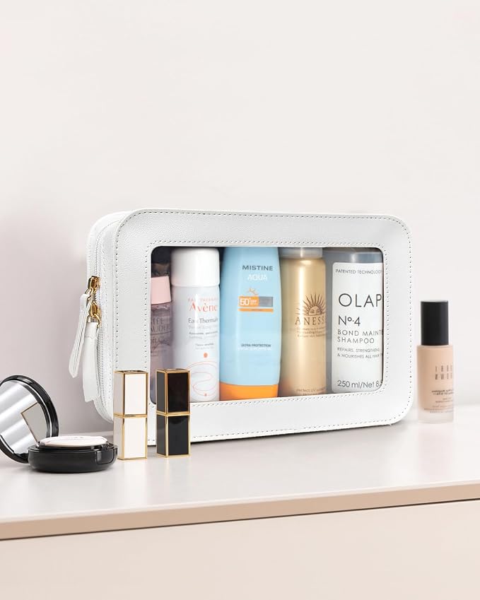 Clear Toiletry Bag,Portable Travel Makeup Pouch with Zipper, TSA Approved Organizer Sunscreen Bag Clear Makeup Toiletry Pouch Beach Vacation Essentials for Women Teen Girls (White)