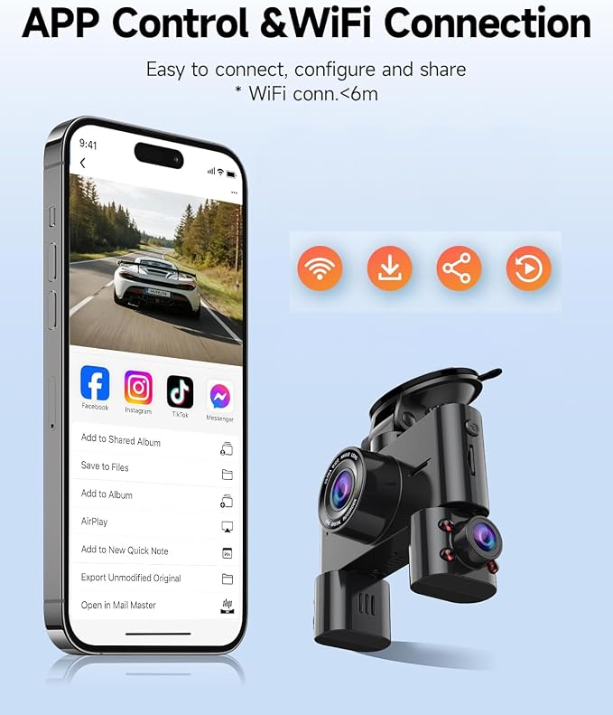 360° Dash Cam Front and Rear Inside, 4 Channel Dash Camera for Cars FHD 1080Px4, Built-in Wi-Fi, 3.16” IPS Screen, WDR Night Vision, Voice Control, Free 64GB Card, 24H Parking Mode